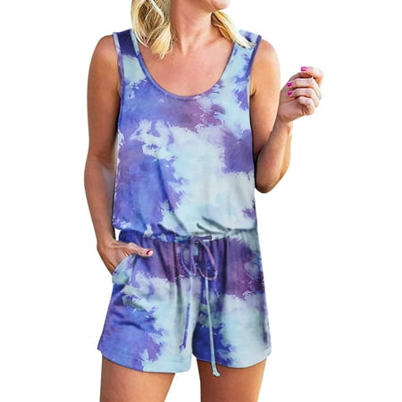 

uikmnh Women Rompers WomenSleevelessTank Top Cropped Pocket Jumpsuit Blue L