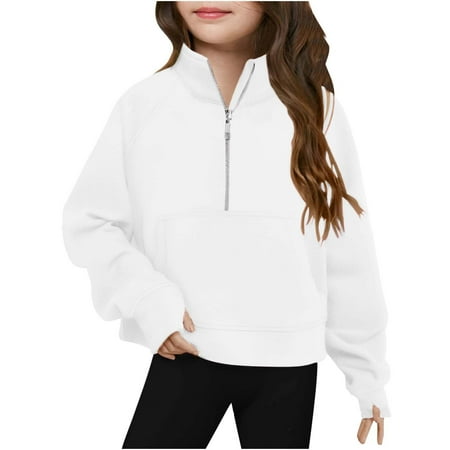 

NaWent Clearance Girls Half Zip Sweatshirt Long Sleeve Pullover Crop Tops Kids Lightweight Fleece Fashion Winter Clothes White 7 Years