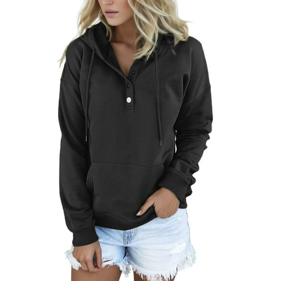 Womens 2025 Hoodies Button Collar Drawstring Long Sleeve Sweatshirts Lightweight Solid Casual Loose Pullover Tops with Pocket