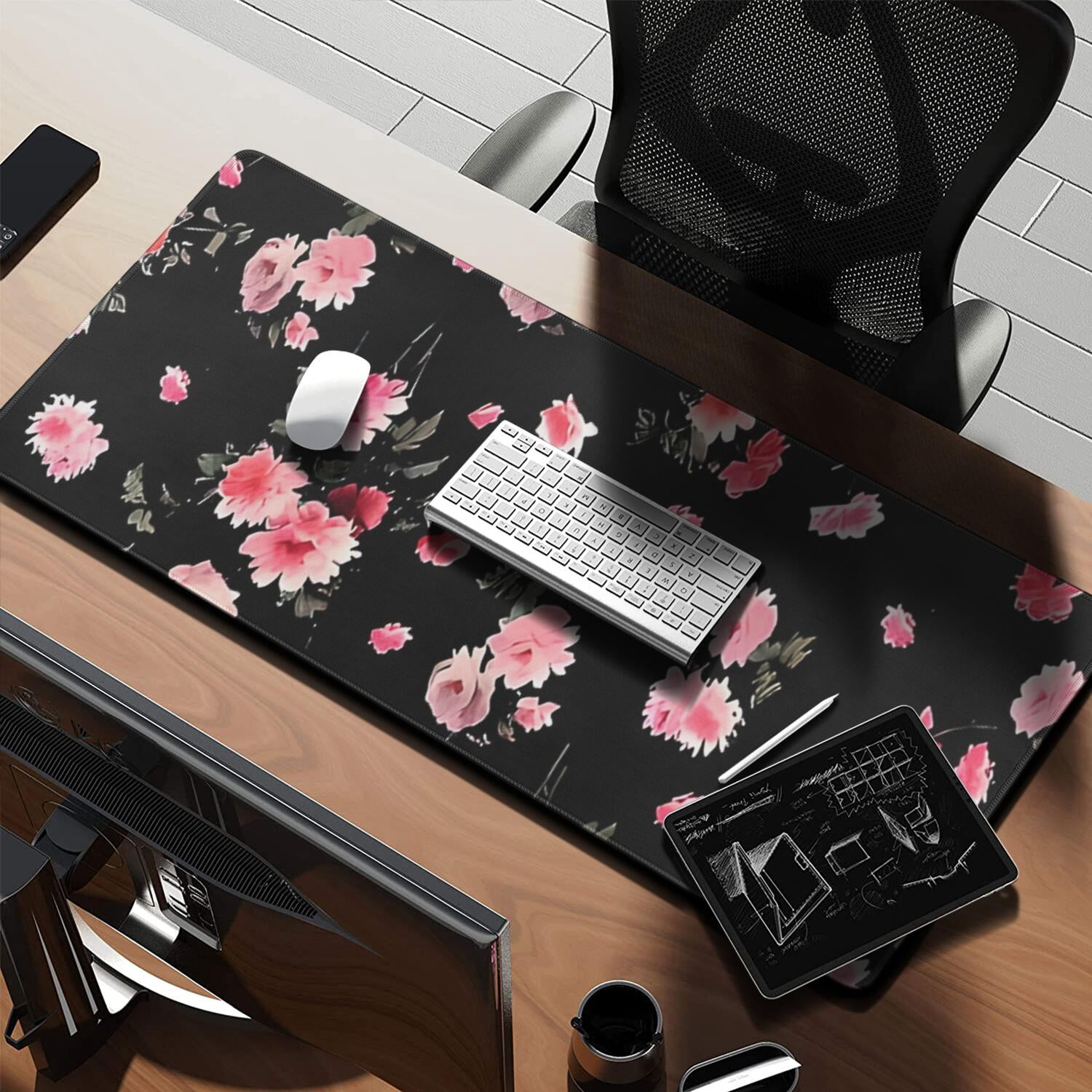 Long Mouse Pads for Desk,Pioneer Flower Floral Print Pattern Desk Mats on Top Of Desks, Desk Mouse Pad Extra Large with 3mm Non-Slip Base and Stitched Edge for Gaming,Office,Work,Home 35.4"x15.7"