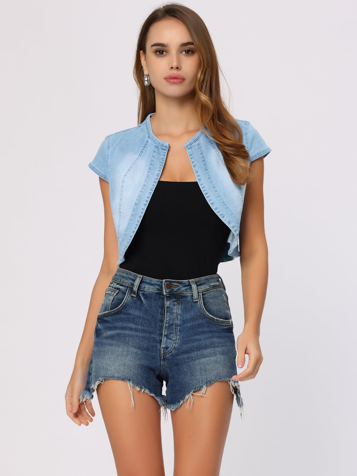 DARING DIVA Women's Crop Denim Cardigan Cap Sleeve Jean Jacket L Light Blue