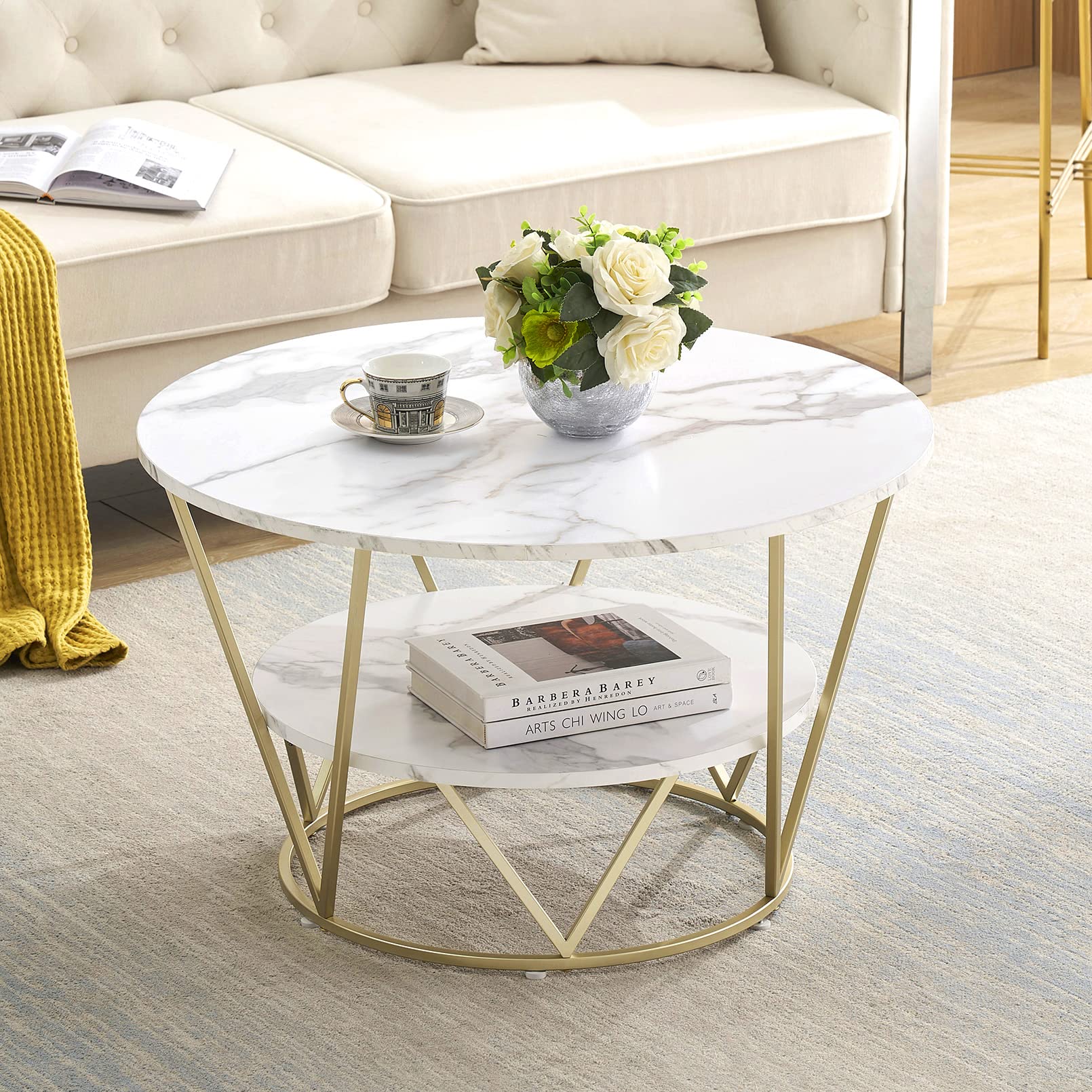 White Gold Coffee Table Round Faux White Marble Coffe Table for Living Room Coffee Tables