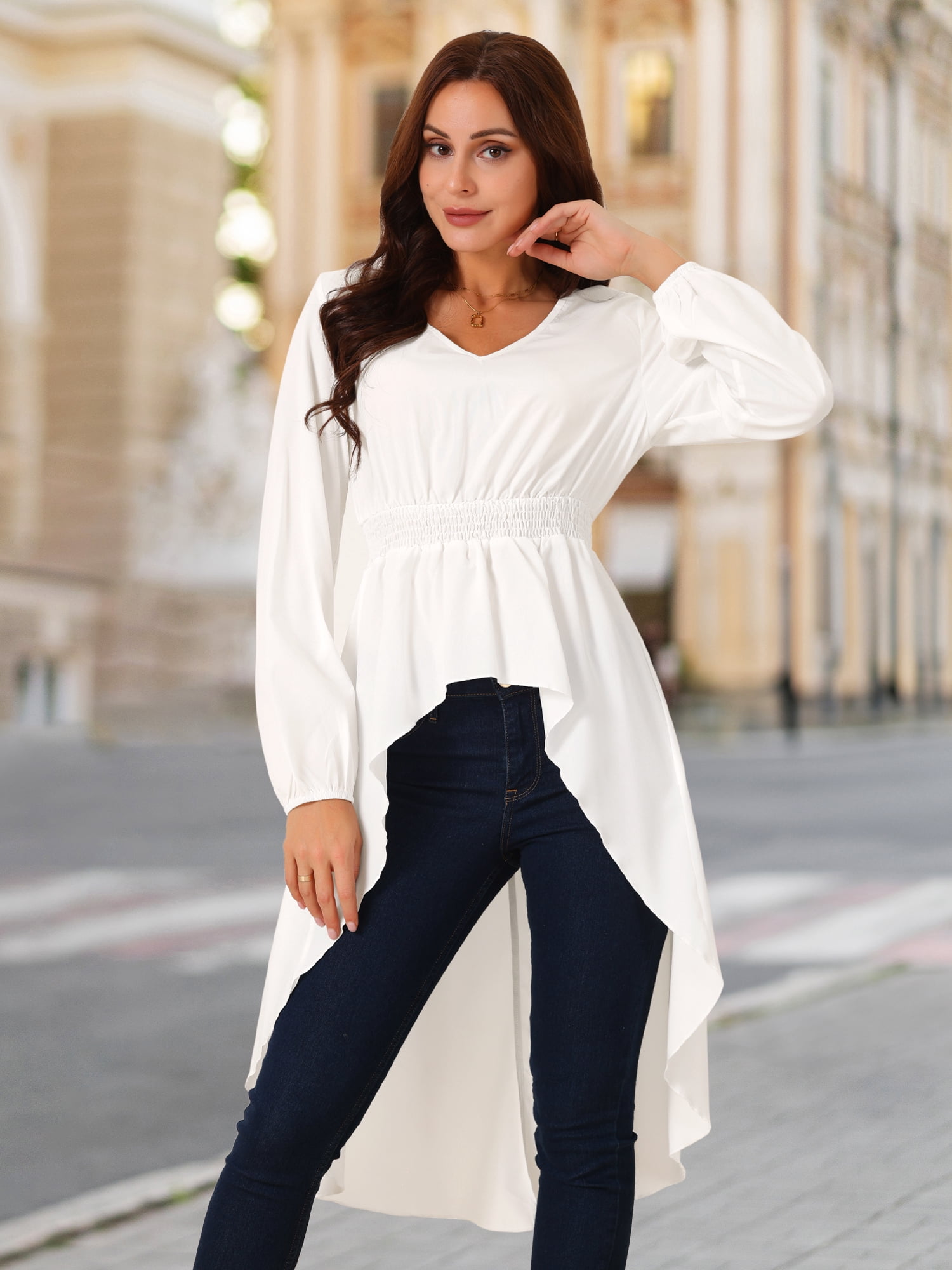 DARING DIVA Women's High Low V Neck Long Sleeve Dressy Blouses S White