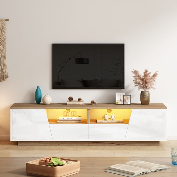 64.9*15.7*17.7'' TV cabinet with 2 drawers and 2 cabinets, TV stand, TV cabinet with LED lighting, high-gloss lowboard and TV table, suitable for TVs around 65 inches, white + wood color splice