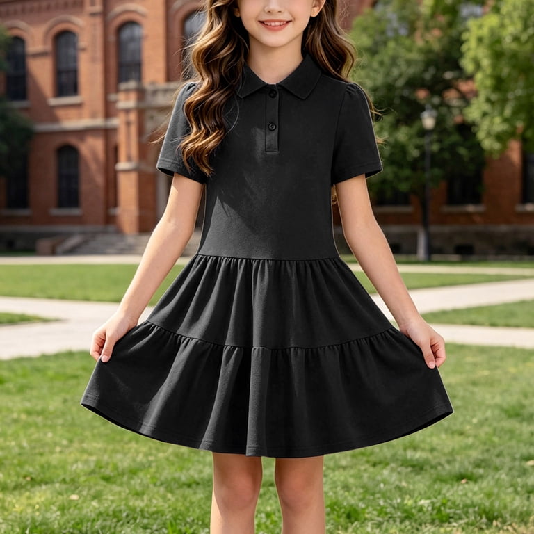 JUMEYU Little Girls Solid Color Short Sleeve A-Line School Dress Casual ...