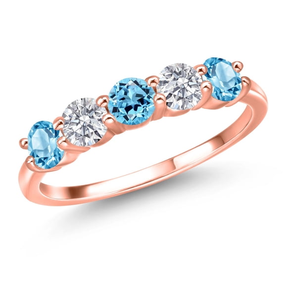 Gem Stone King 18K Rose Gold Plated Silver Swiss Blue Topaz and E - F Lab Grown Diamond Wedding-Bands Ring for Women | 1.61 Cttw | Round 4MM | Gemstone November Birthstone | Size 6