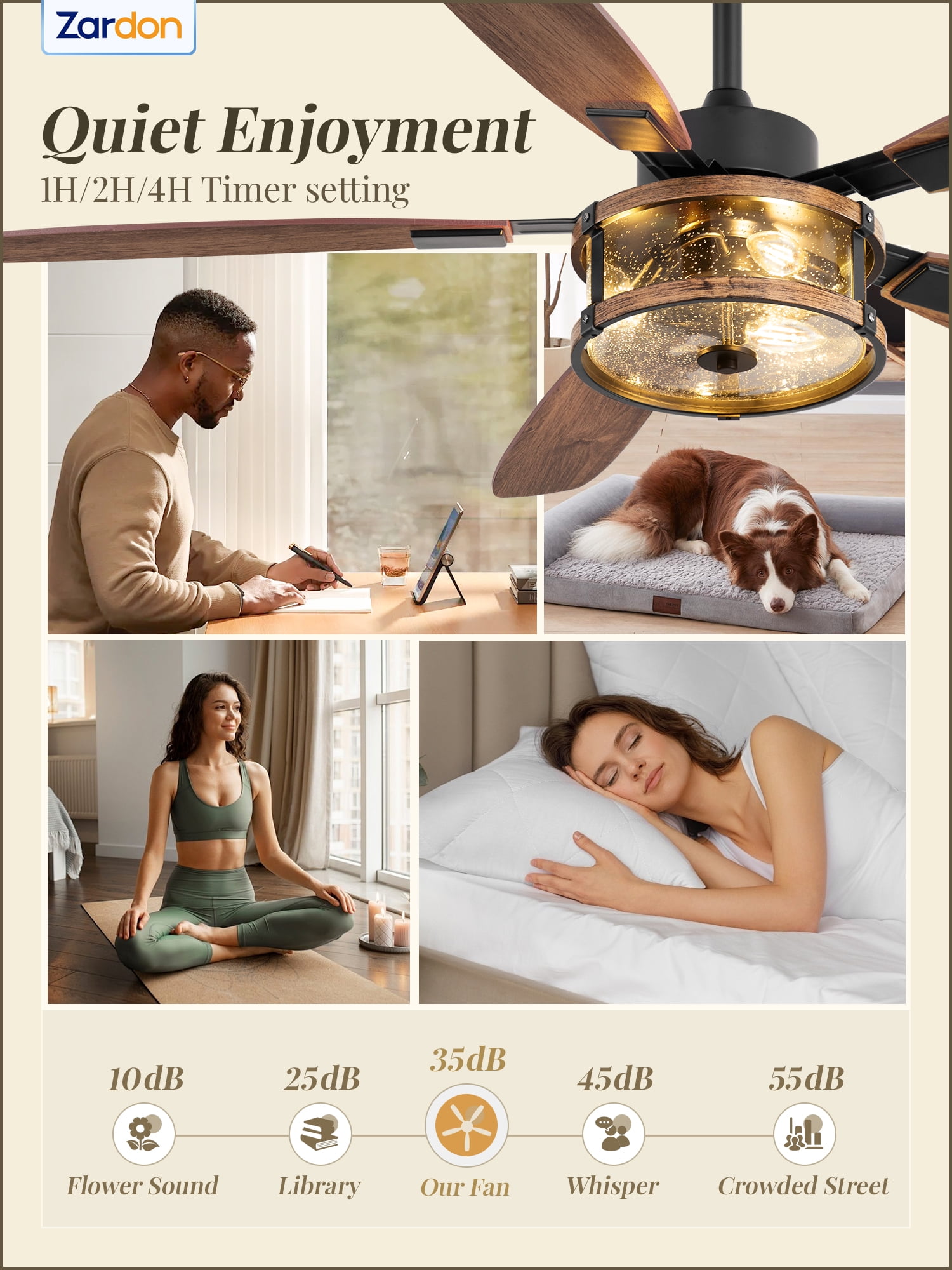 Zardon 52 Inch Farmhouse Ceiling Fan with Light and Remote Control, Quiet Reversible DC Motor, Clear Glass Shade, Dual-Finish Blades for Indoor
