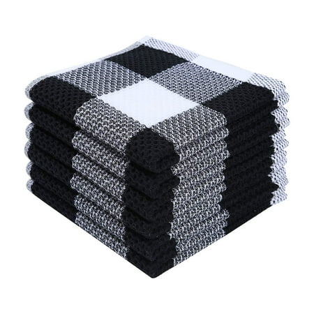 CuiLiyq 6 Pcs Kitchen Towels Set Cotton Terry Kitchen Towels Checkered Designed Soft and Absorbent Dish Towels Multipurpose Cleaning Towels for Home and Kitchen Bars 13 x 13 Black