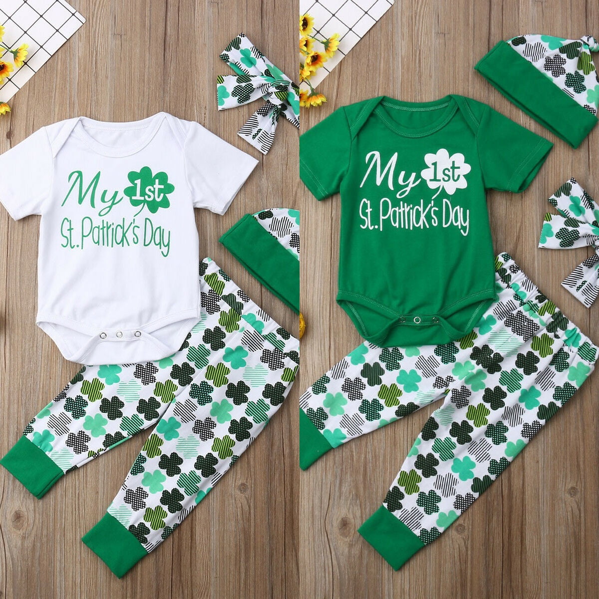 My 1ST St.Patricks Day Outfit Newborn Baby Boy Girl Romper+Four-Leaf Clover Pants+Hat and Headband Clothes Set