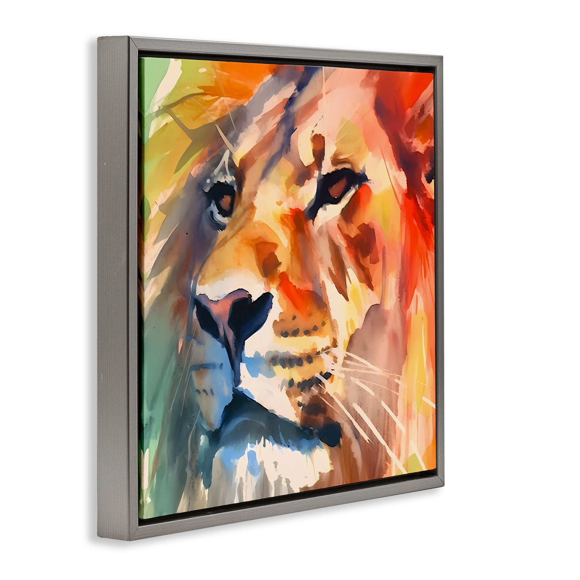 Stupell Industries Strong Lion Gaze Animals & Insects Painting Gray Floater Framed Canvas Art Print Wall Art, 18 x 18