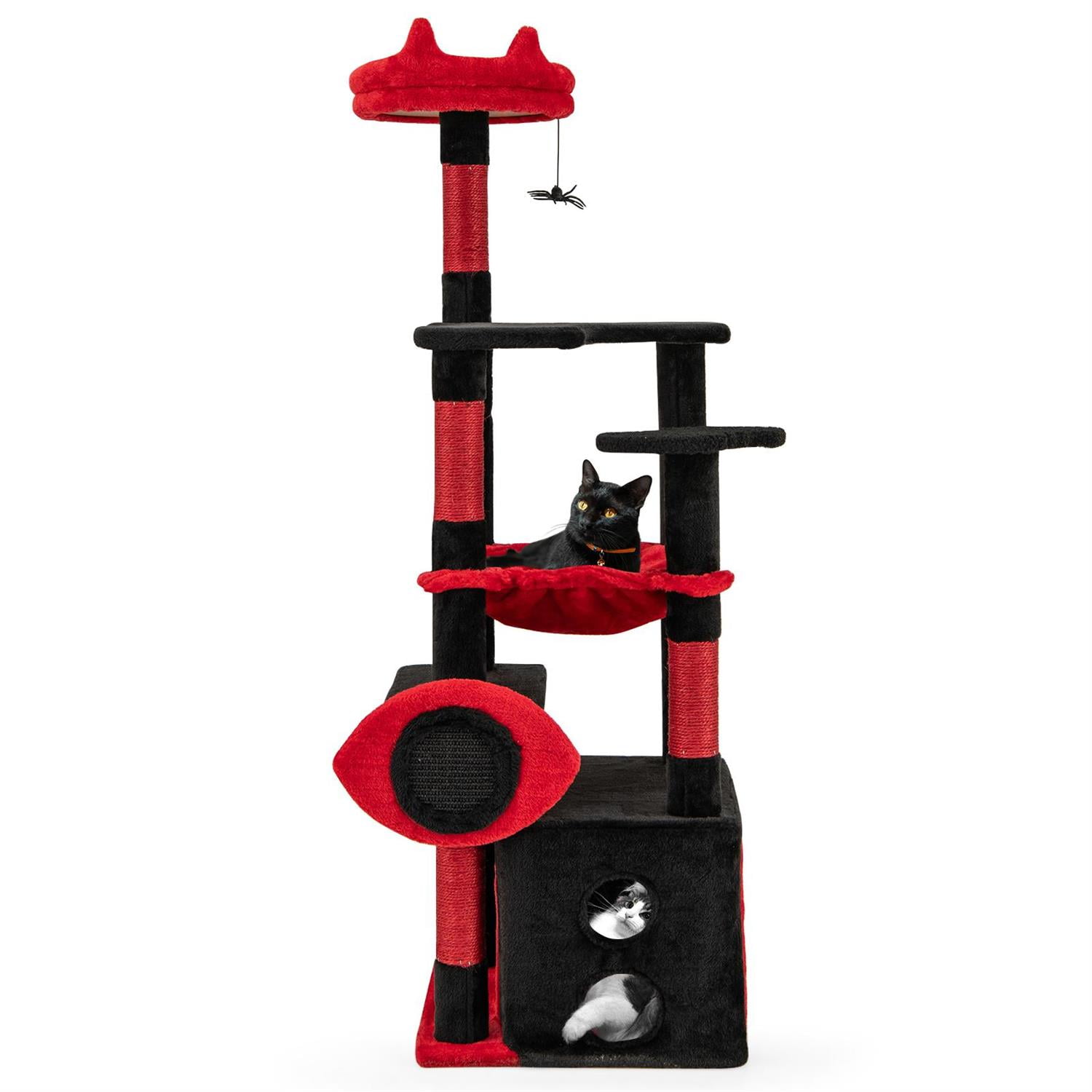 Pefilos Gothic Cat Tree, Plush Perch & Spider Dangling Toy, Condo & Sisal Scratching Posts, Black & Red