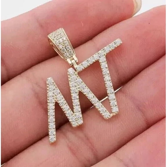 2Ct Round Lab Created Diamond Custom Any Two Letter Pendant 14k Yellow Gold Plated