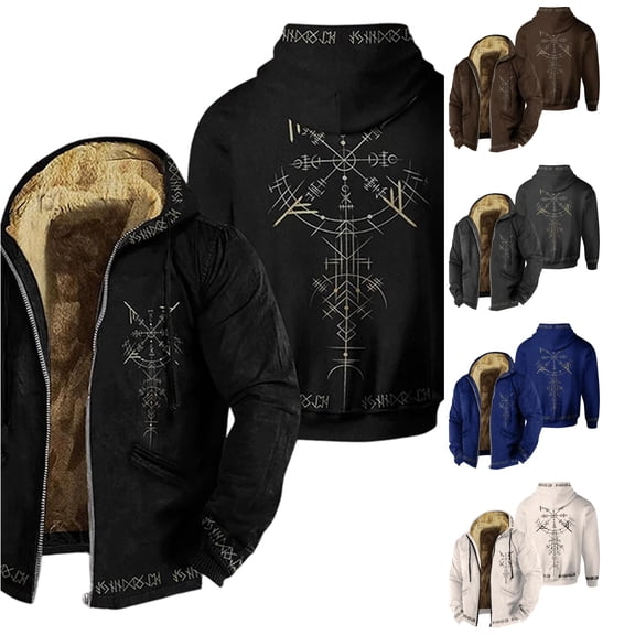 SONXAHE Mens Viking Rune Symbol Fleece Lined Zip Up Hooded Jacket Long Sleeve Warm Casual Outerwear Coat