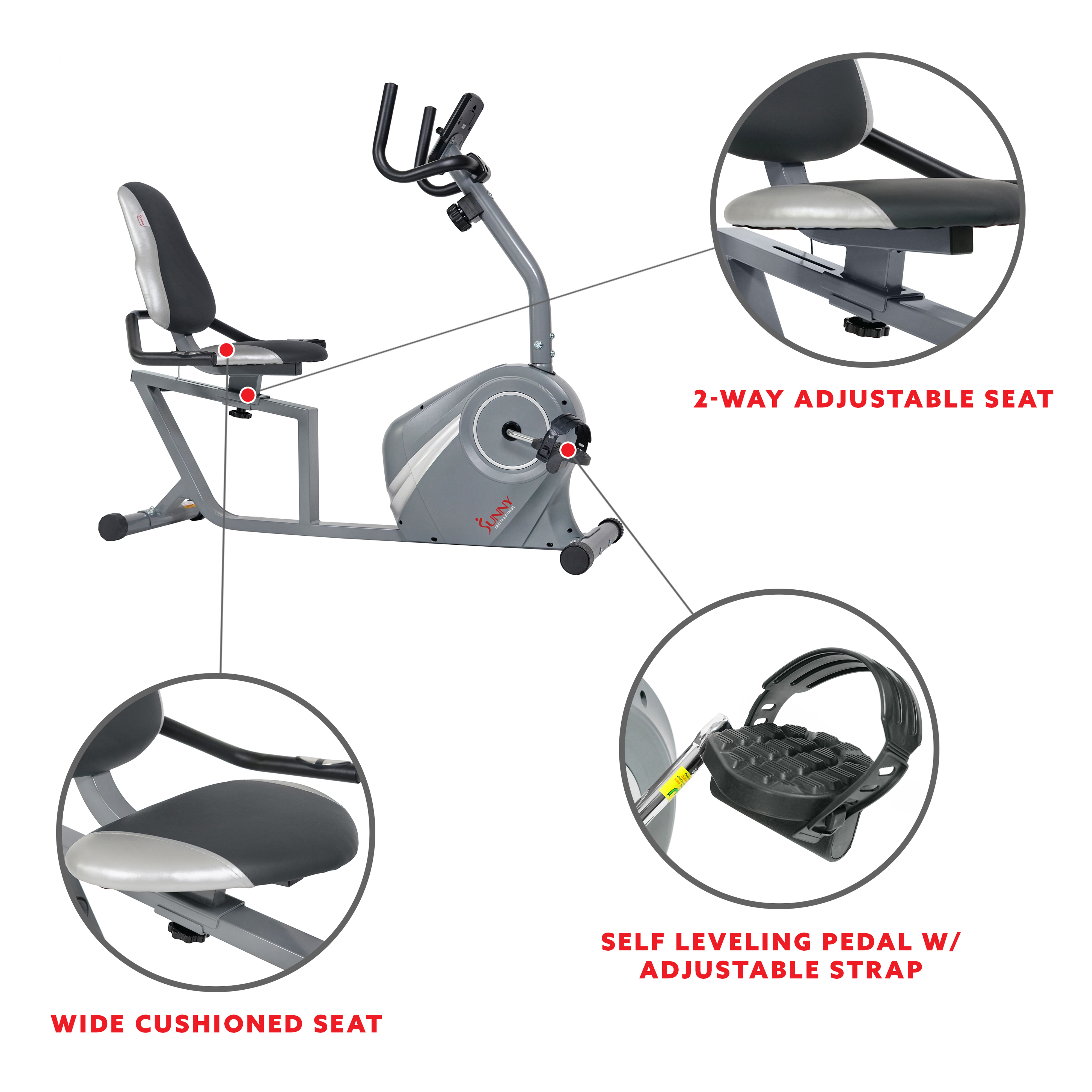 Sunny Health & Fitness Magnetic Recumbent Exercise Bike for Indoor Cardio Training w/ Adjustable Soft Seat Cushion, SF-RB4876 - image 5 of 8