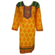 Mogul Ethnic Indian Long Kurti Yellow Printed Cotton Tunic Kurta Dress