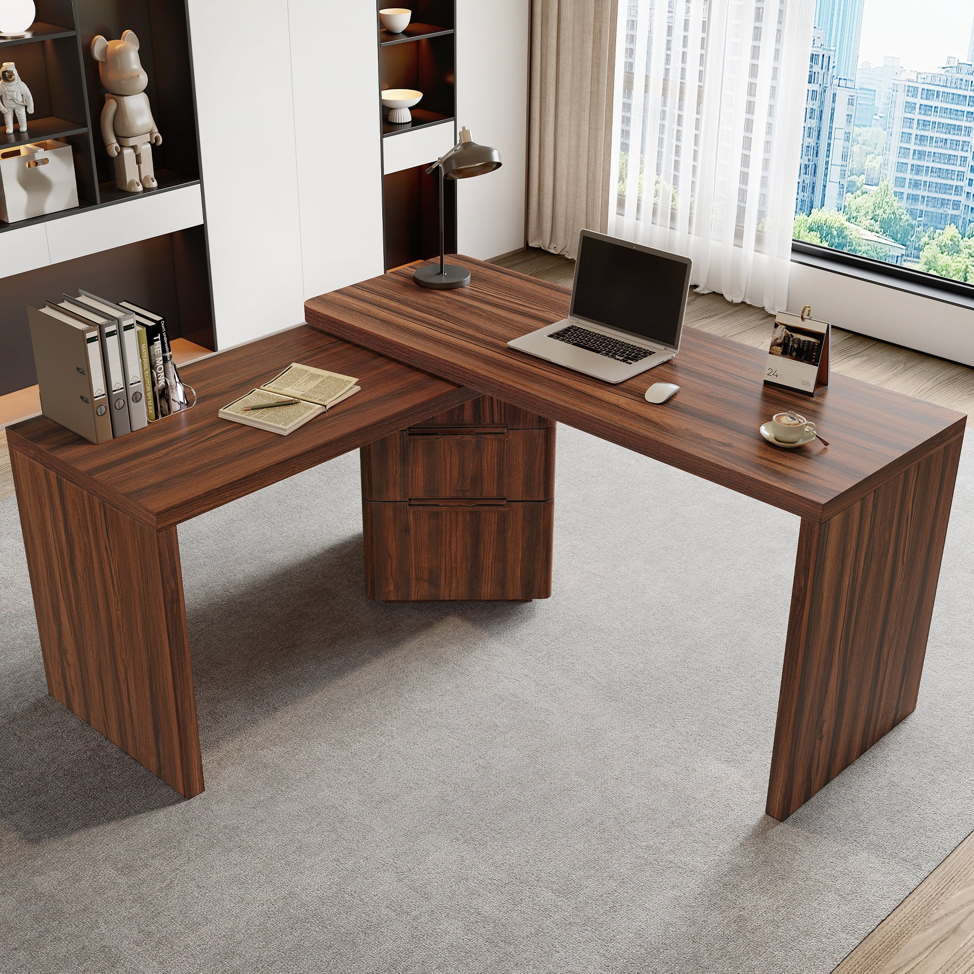 90" L Shaped Desk with 3 Drawers, 360° Rotating Corner Desk, Modern Executive Office Desk in Walnut, for Home Office Living Room Study Workstation