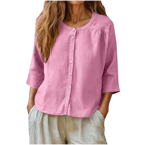 Womens 3/4 Sleeve Linen Tops Scoop Neck Button Down Loose Blouses Casual Summer Beach Vacation Outfit Clothes