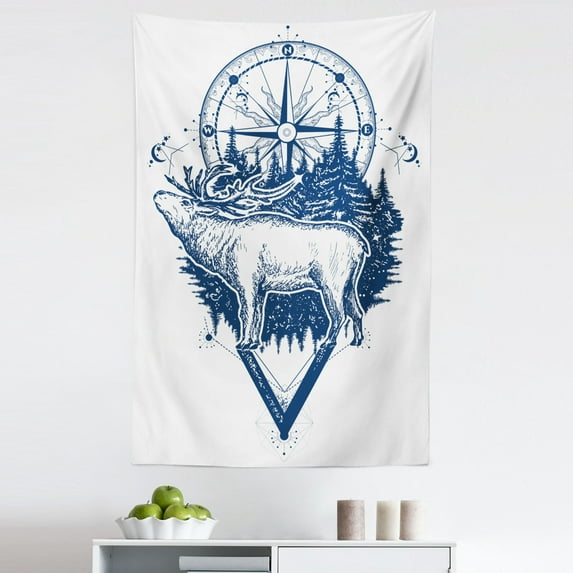 Adventure Tapestry, Reindeer and Compass Travel Wilderness Forest Outdoors, Fabric Wall Hanging Decor for Bedroom Living Room Dorm, 5 Sizes, Dark Blue White, by Ambesonne