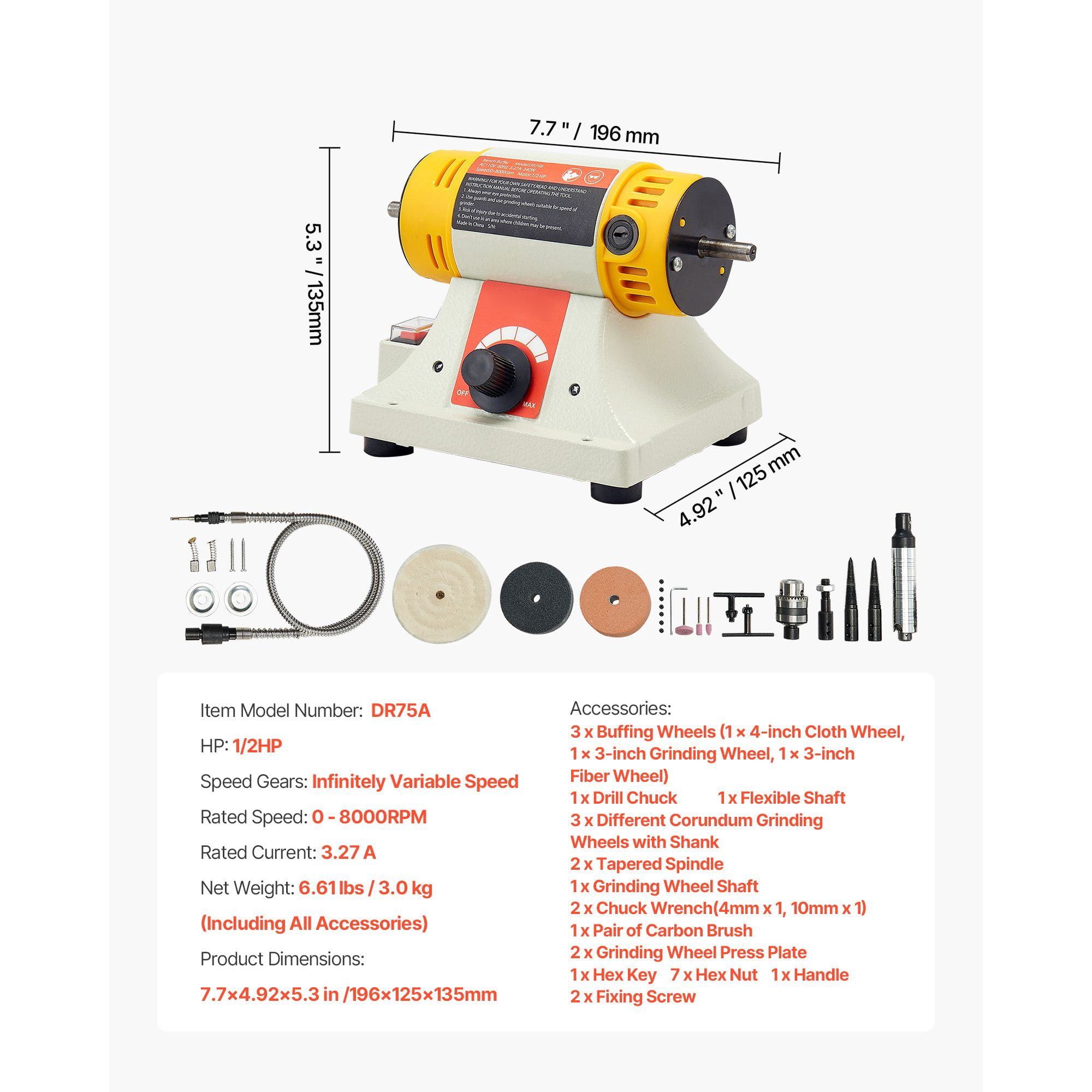 Bench Buffer Polisher 1/2HP with Stepless Speed 0-8000 RPM, 3 Buffing Wheels, Flexible Shaft, for Metal Wood Jewelry Polishing