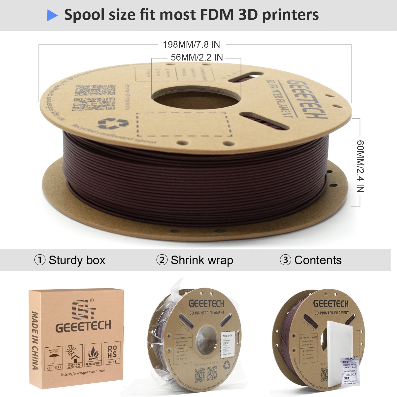 Geeetech 5pcs 3D Printing PLA Carbon Fiber Filament 1.75mm Dimensional Accuracy +/- 0.03mm 5kg(11 ib) Brick Red