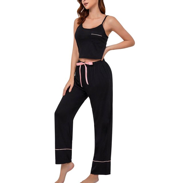 Gibobby Pijama algodón mujer Camisola transpirable cómoda de Color sólido de verano para mujer, conjunto de dos piezas con pantalones largos(Negro,XL)