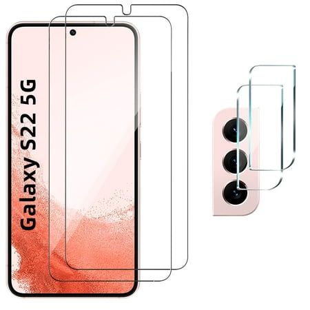 (2+2 Pack) Galaxy S22 5G Screen Protector,with Camera Lens Film,Support Fingerprint, 9H Hardness Tempered Glass,Full Coverage Anti-Scratch,Easy Install Compatible for Samsung Galaxy S22 (6.2")