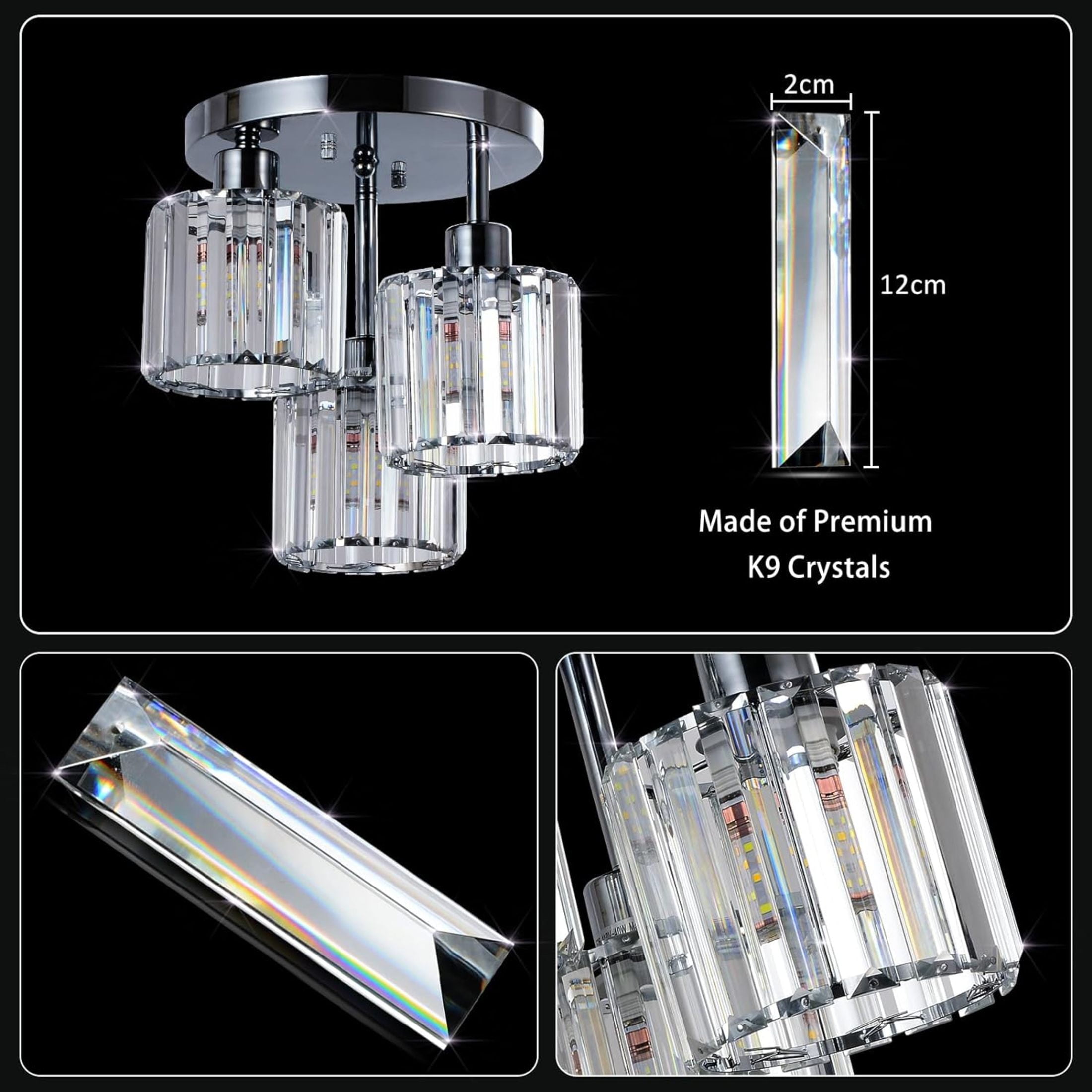 Noble House 13" Crystal Semi-Flush Ceiling Light, Modern Metal Frame, 3-Light E26, Clear Crystal Shade, Silver