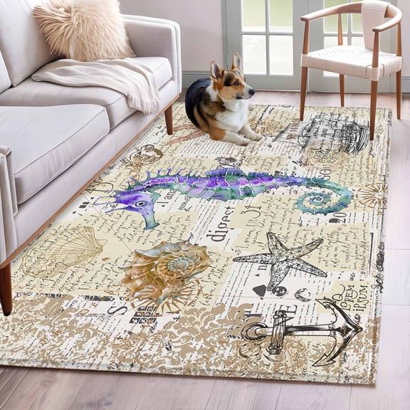 3'x5' Area Rugs, Coastal Seahorse Indoor Outdoor Area Rug for Living Room Bedroom, Vintage Nautical Summer Beach Starfish Washable Bathroom Rugs Kitchen Floor Carpet Mats Home Decor Aesthetic