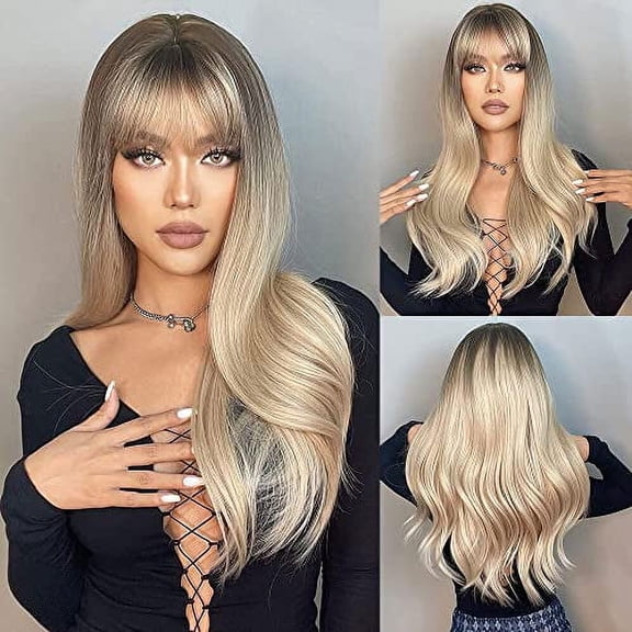 Long Wave Wigs for Women Ombre Wigs Natural Wave Middle Part Hair Heat Resistant Fibre Synthetic Wigs Women's Wig Daily Natural looking A1