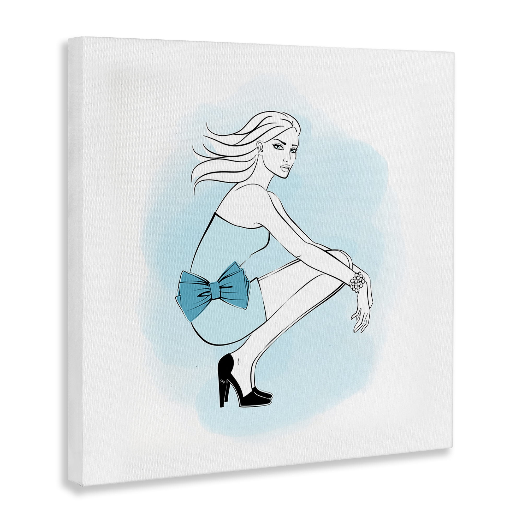 Stupell Industries Girl with Blue Bow Novelty Painting Gallery Wrapped Canvas Art Print Wall Art, 17 x 17