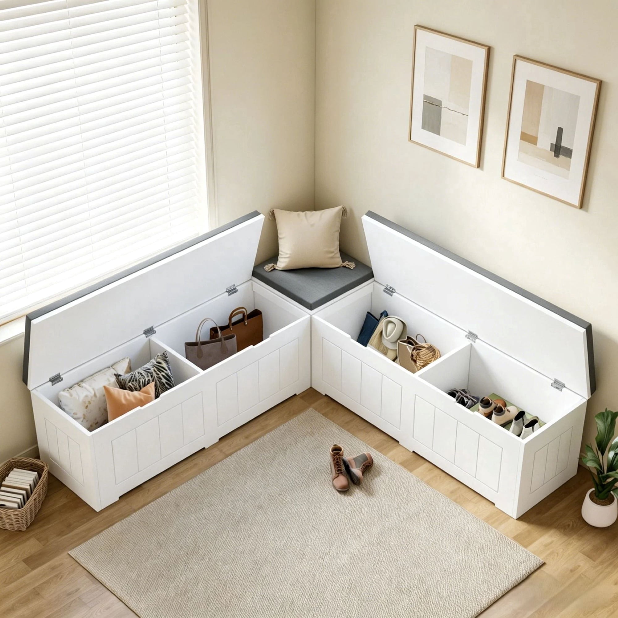 JassmiPkwy L-Shaped Corner Storage Bench with Cushion,L-Shaped Storage Bench with Shoe Storage, Corner Banquette Benches for Dining Room, Living Room, White