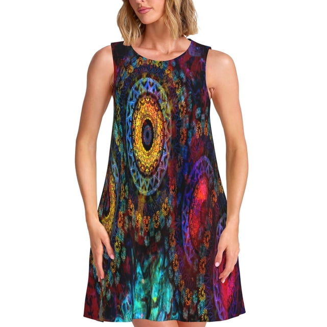 Balery Mandala Colorful Vestidos de verano para mujer con estampado: vestido holgado sin mangas, vestido playero informal y cómodo para días calurosos.