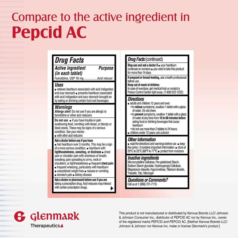 Glenmark Original Strength Famotidine Tablets, 10 mg, Acid Reducer for Heartburn Relief, 200 Count HSA/FSA Eligible