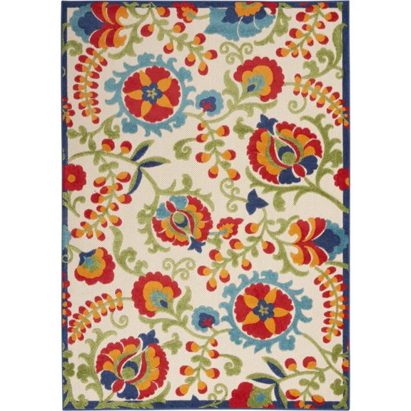 4' X 6' Green And Ivory Floral Indoor Outdoor Area Rug