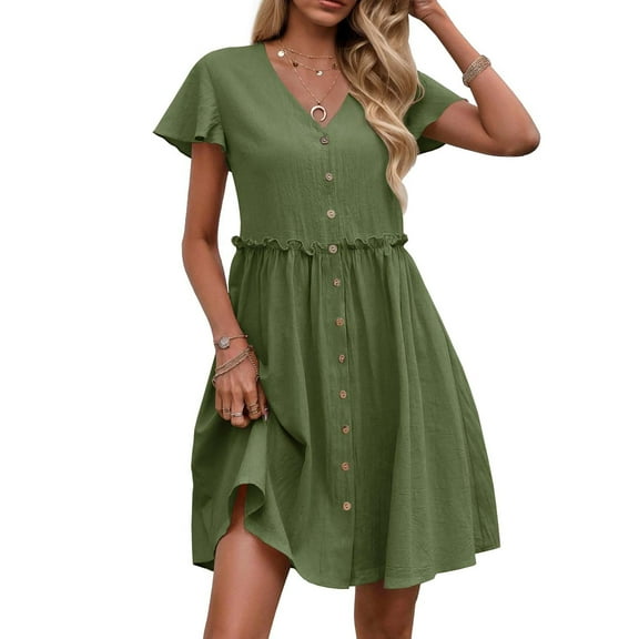 Women Dresses Under $10! Xqxayjr Women's Casual Summer Midi Sundress Button Down V Neck Trendy Holiday Vacation Dress A Line Short Sleeve Flowy Swing 2025 Wedding Guest Dresses