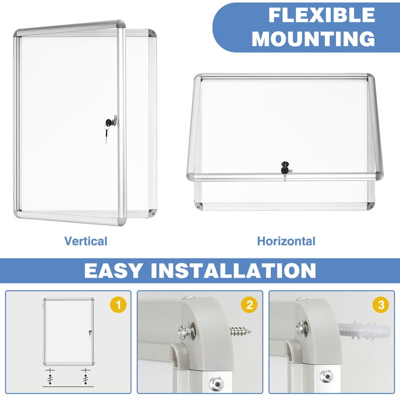 Lockable Notice Board 36"x24" Tamperproof Enclosed Display Board Whiteboard Cabinet for Wall Outdoor Use for Home Office Library, Community, Corridor, Wall-Mounted, Sliver Aluminium Framed