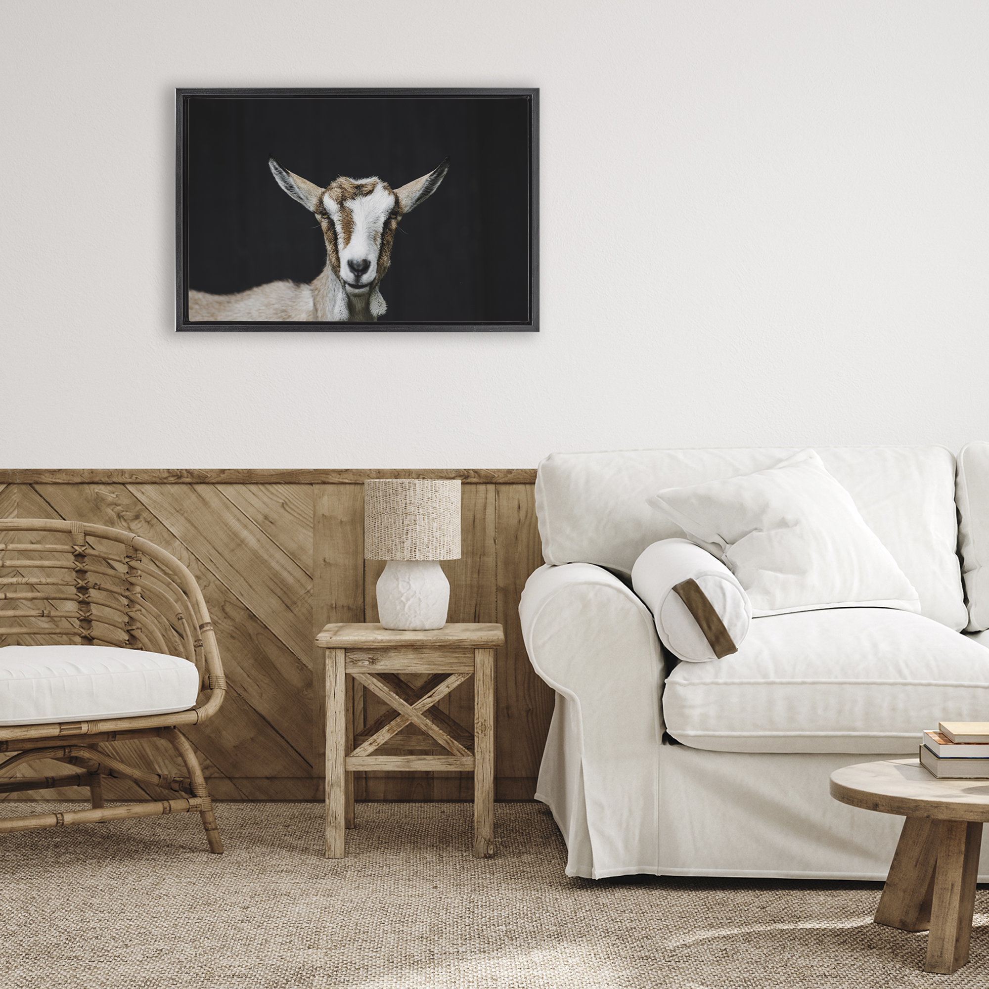 Goat Face over Black Black Framed Floater Canvas Wall Art, design by Amy Carroll