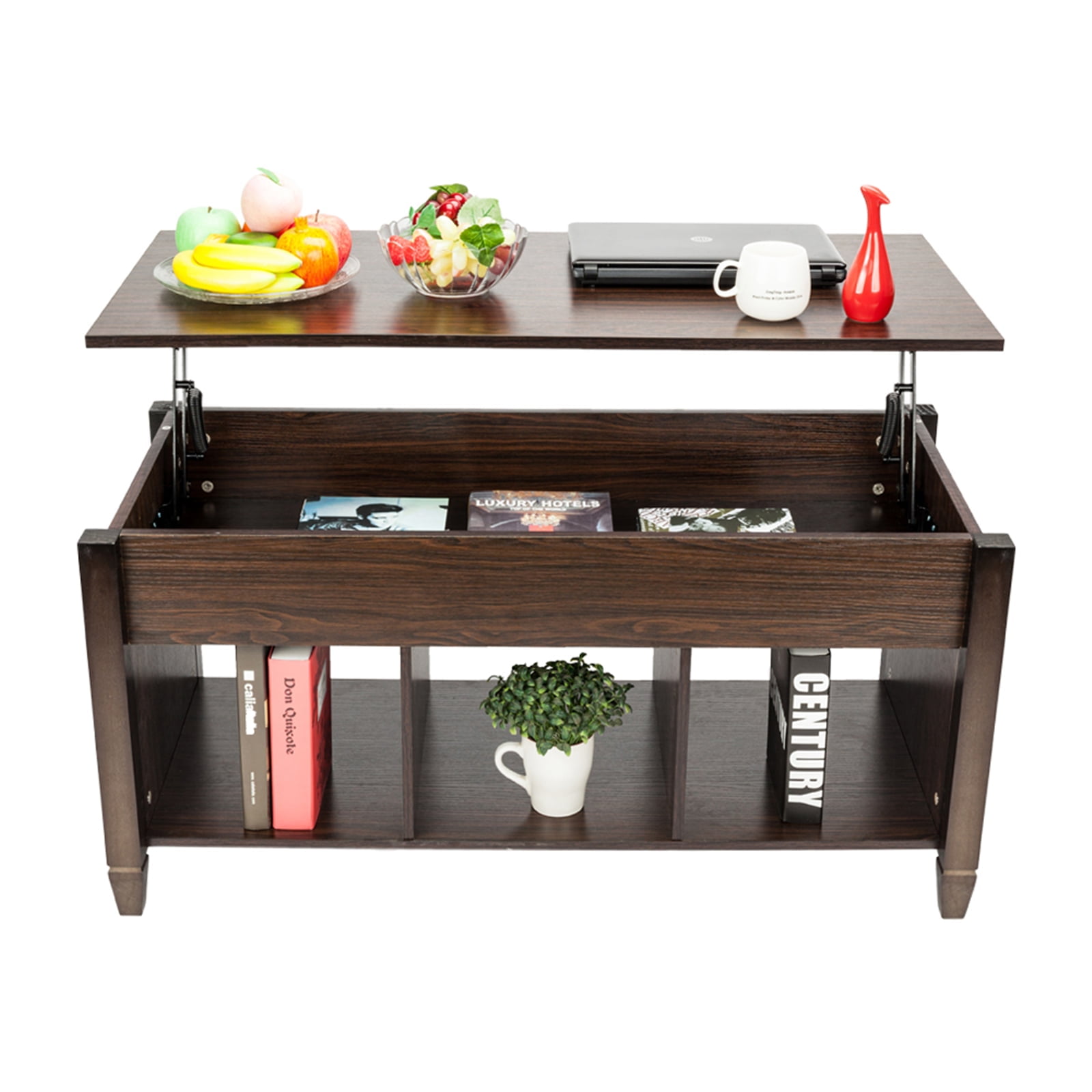 Kadyn Lift Top Coffee Table (with 3 Storage Rooms), Pop-up Coffee Table for Living Room, Central Coffee Table with Wooden Lifting Top, Brown Kadyn Lift Top Coffee Table (with 3 Storage Rooms), Pop-up Coffee Table for Living Room, Central Coffee Table with Wooden Lifting Top, Brown