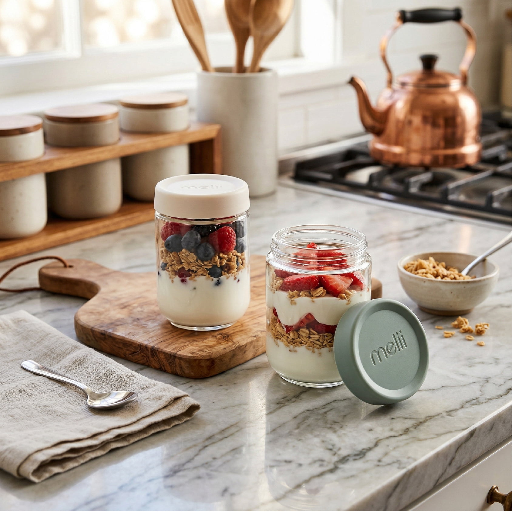 Melii Glass Overnight Oats Food Storage Container Set, 2 Pack, Ivory and Sage