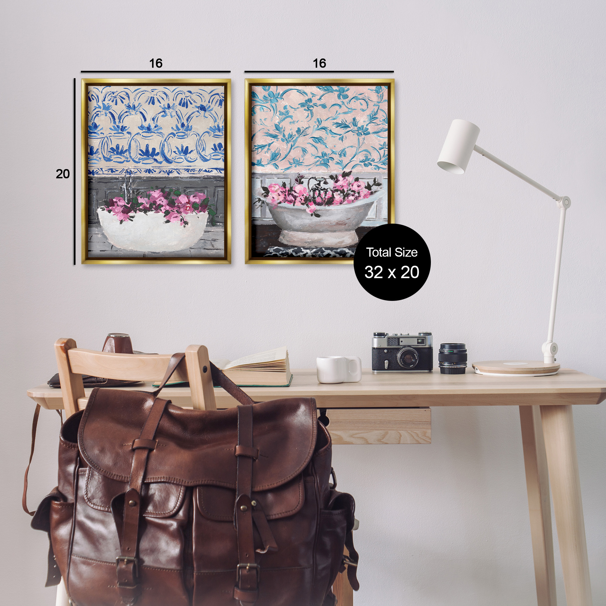Stupell Industries Flowers In Bath Tub Interior Design Botanical & Floral Painting Gold Floater Framed Canvas Art Print Wall Art, 17 x 21, Set of 2