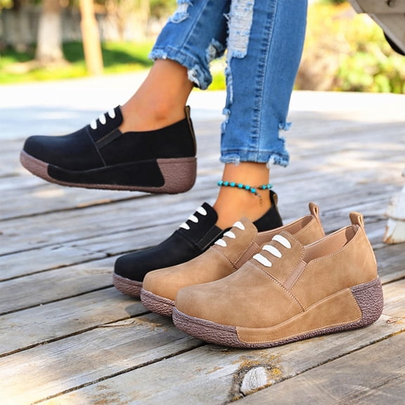Women's Wide Width Retro Wedge Mules, Closed Toe Faux Suede Platform Slippers with Decorative Laces, Comfortable Casual Summer Shoes, Black/Tan