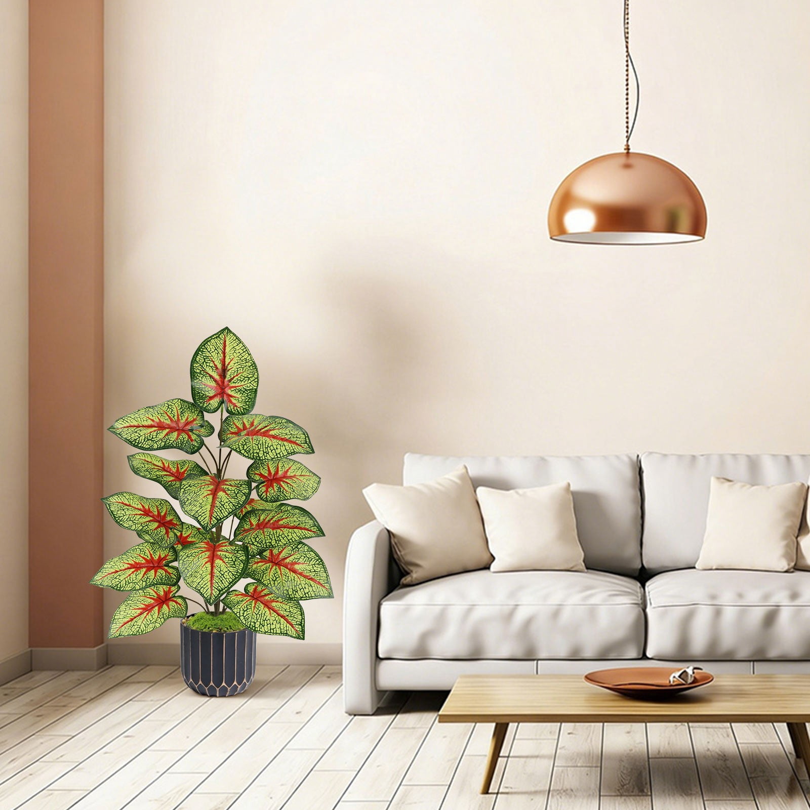 Artificial Caladium Plant Faux Red Heart Variegated Tropical Houseplant Realistic No Maintenance for Indoor Living Room Outdoor Patio Home Decor Fake Tropical Plants 25.6 Inch 1Pcs