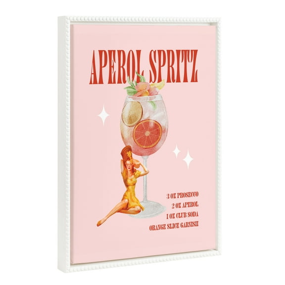 Kate and Laurel Sylvie Beaded Aperol Spritz Pinup Vintage Framed Canvas Wall Art by Alli Standefer, 18x24 White, Bar Drink Art for Wall