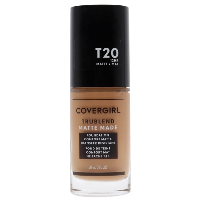 covergirl base trublend matte made liquid foundation - t20 soft honey 1 oz covergirl base 1 oz Frasco frontal de base líquida CoverGirl TruBlend Matte Made T20 Soft Honey, 30 ml; botella de vidrio con tapa negra y etiqueta visible que indica acabado mate y resistencia al traspaso, tono beige cálido sobre fondo blanco. A menudo se usa también para probar compatibilidad de tonos en kits de maquillaje de viaje.