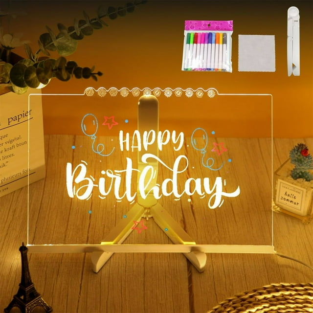 MesaSe Acrylic Dry Erase Board with Light- LED Note Board with 12 Colors Pen - Glowing Acrylic Message Marker Board Light up Dry Erase Board with Stand as a Glow Memo Board Note(11.8 * 7