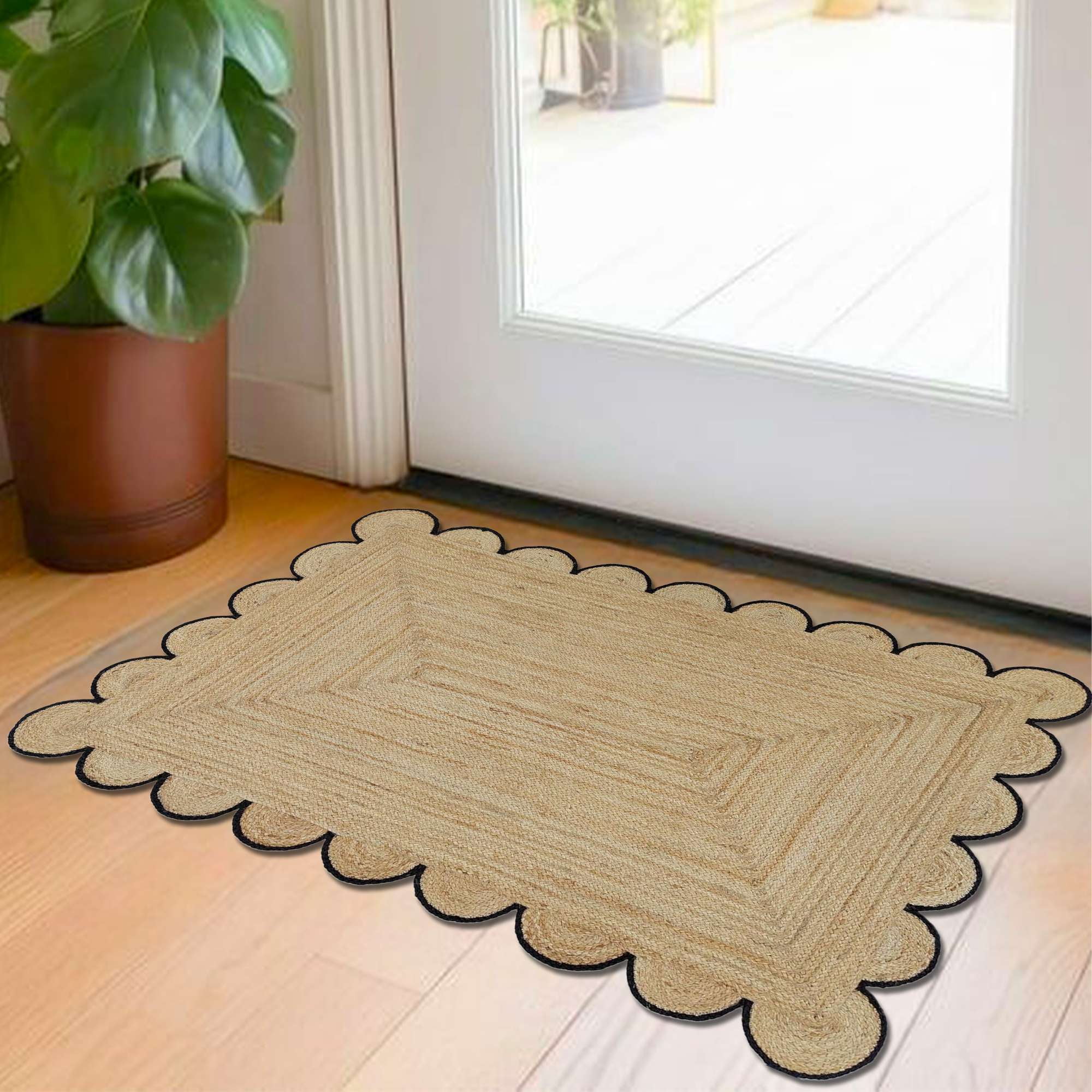 Jute Area Rug For Home And Living Room Décor Rectangular Scalloped Natural Jute Area Rug Carpet Black 2' x 16' BY KALVEERA
