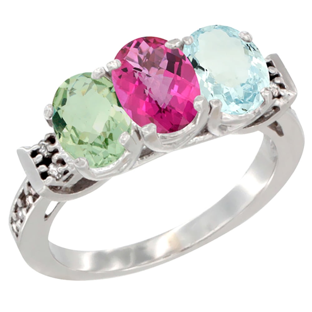 10K White Gold Natural Green Amethyst, Pink Topaz & Aquamarine Ring 3-Stone Oval 7x5 mm Diamond Accent, sizes 5 10 by WorldJewels