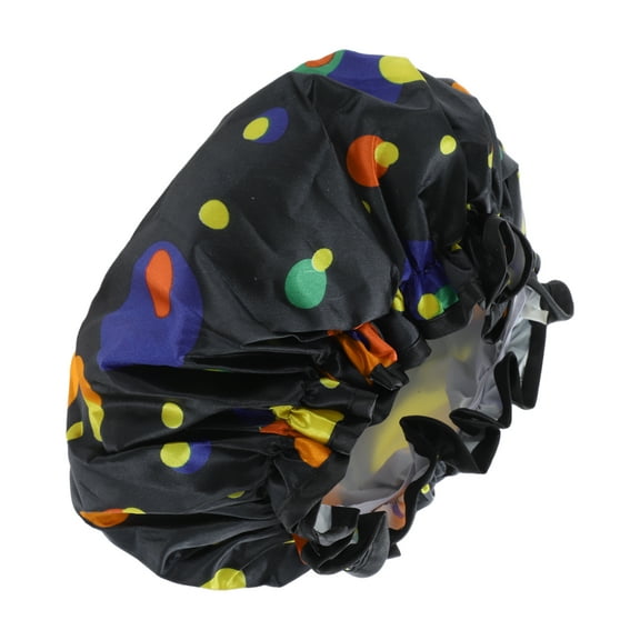 1 Pc Women Double Layer Colored Dots Shower Cap for Bathroom Vacation Black Satin PEVA