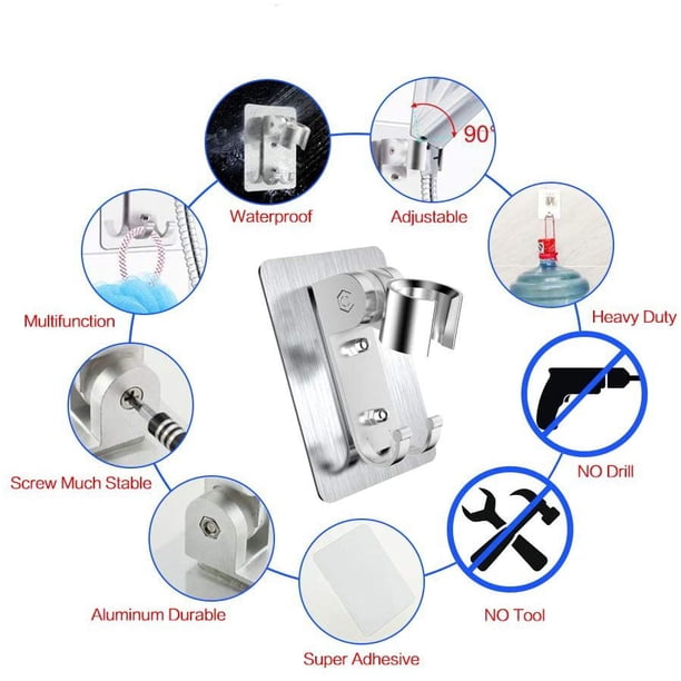 Soporte de ducha, soporte de ducha, no es necesario taladrar agujeros para instalar pegamento fuerte con agujeros para montaje con tornillos, el soporte se puede ajustar 90 grados, plata de fuerte adherencia ShuxiuWang 8390605248764
