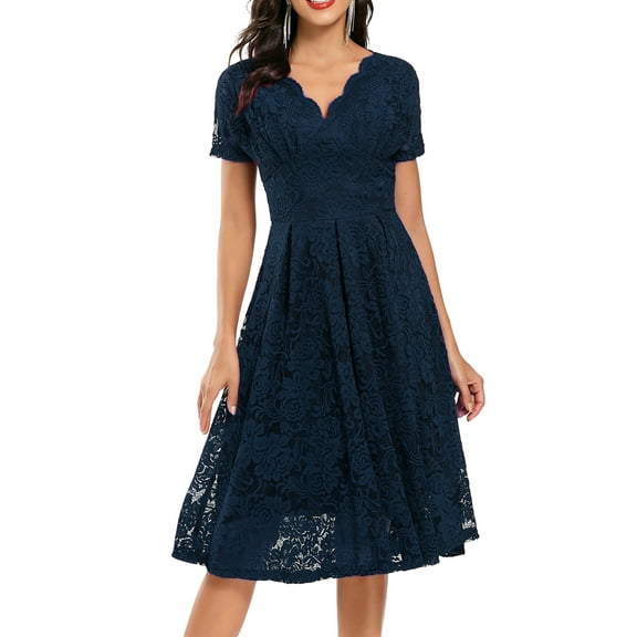 DYMADE Women Short Sleeve Lace V-Neck Midi Length Elegant A-line Dress